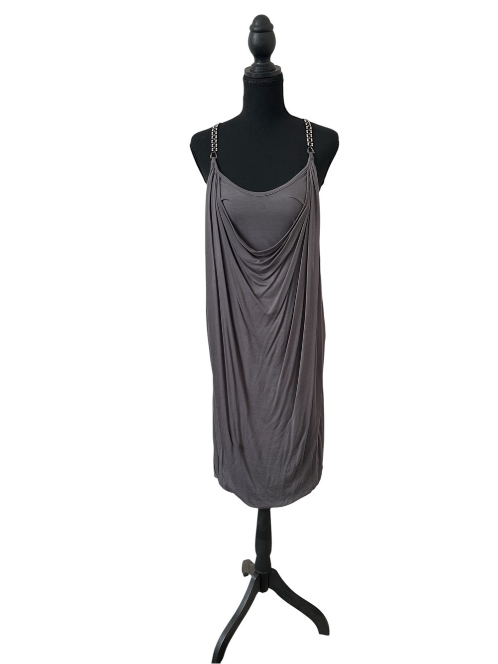 Draped Chain-Strap Midi Dress in Gray